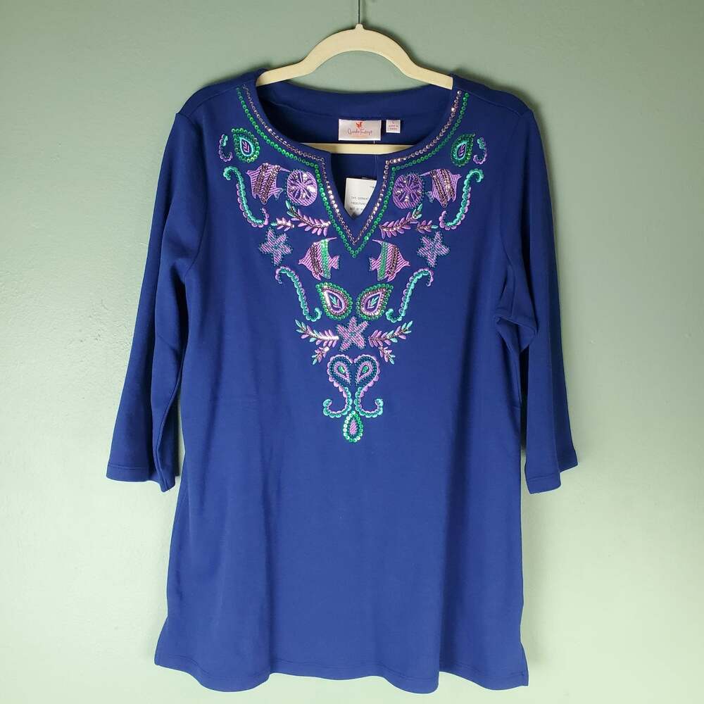 Quacker Factory Womens Blue Split Neck Embellished Tunic Top Size Large